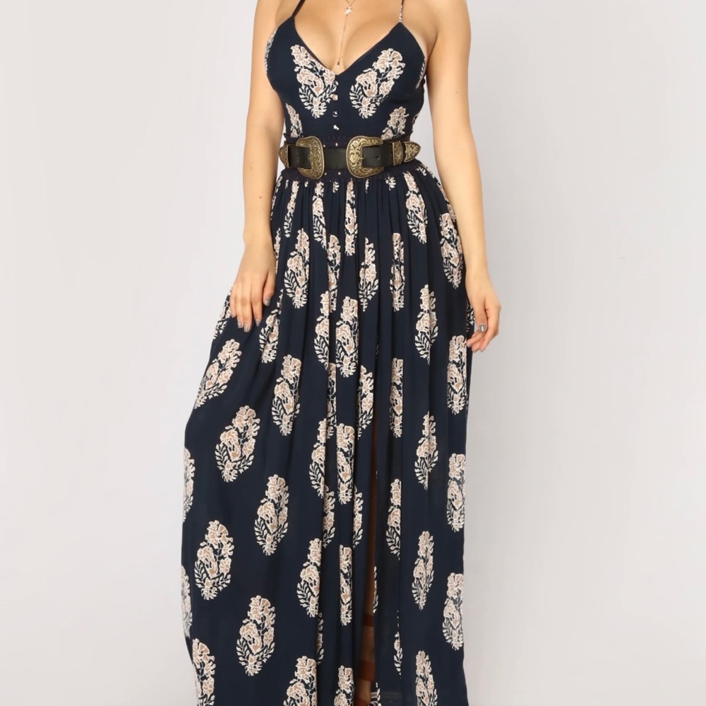 Fashion Nova Holy Slit Dress in Navy/Taupe